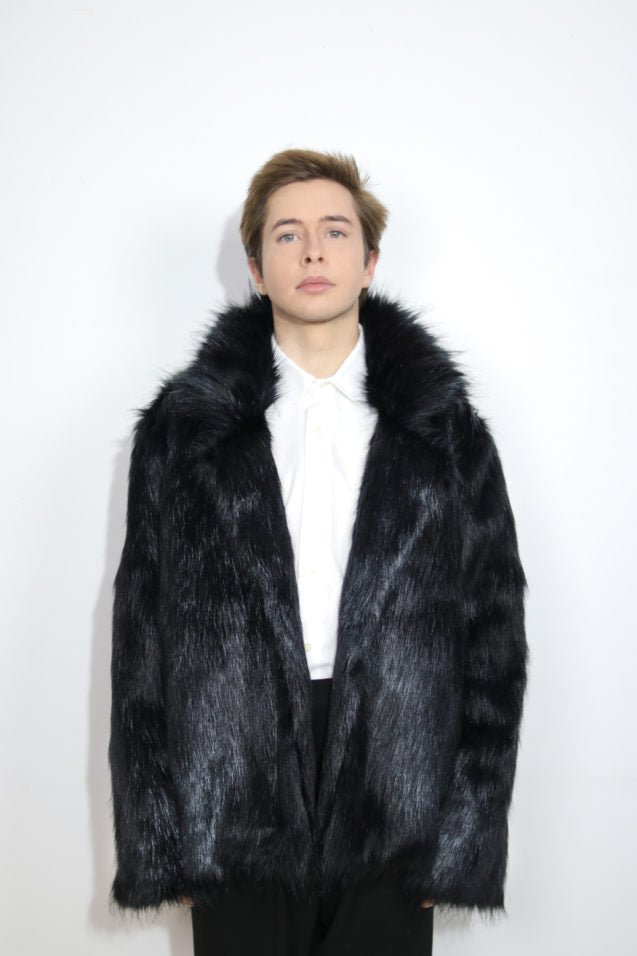 Black Unisex Fur Coat With Plastic Back