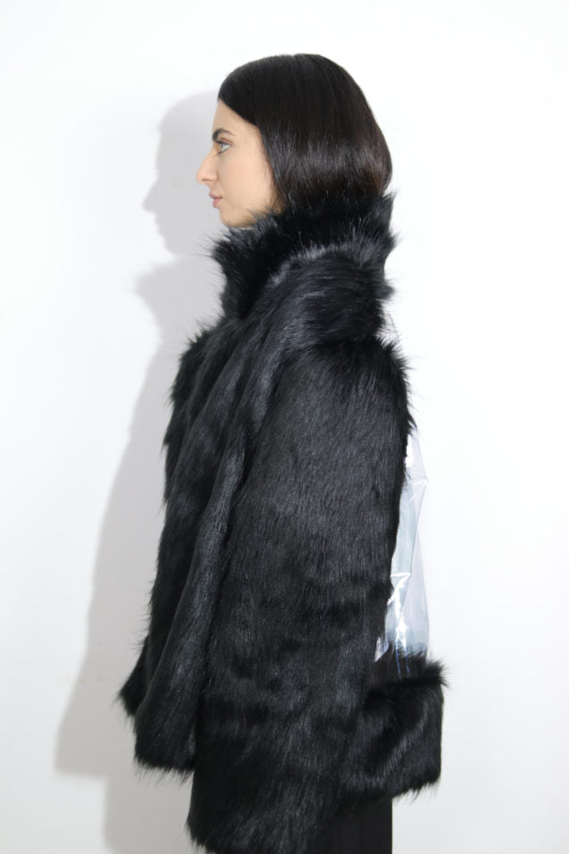 Black Unisex Fur Coat With Plastic Back