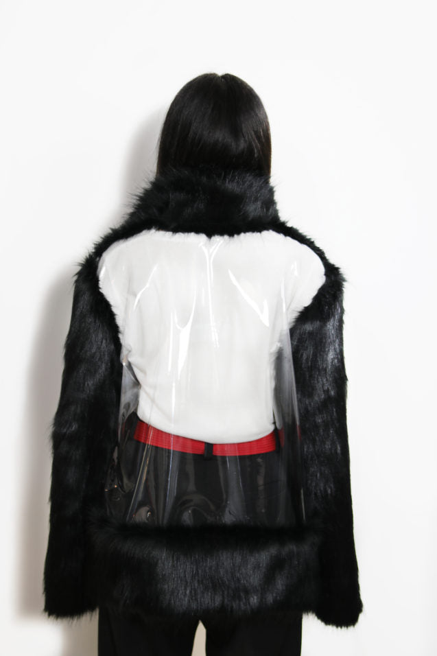 Black Unisex Fur Coat With Plastic Back