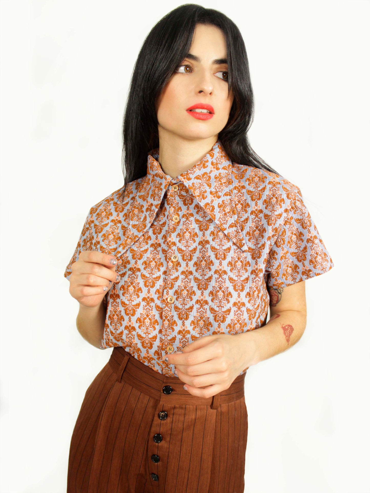 Smart Shirt Baby Blue and Caramel Brown With Three Collars Short Sleeve Unisex