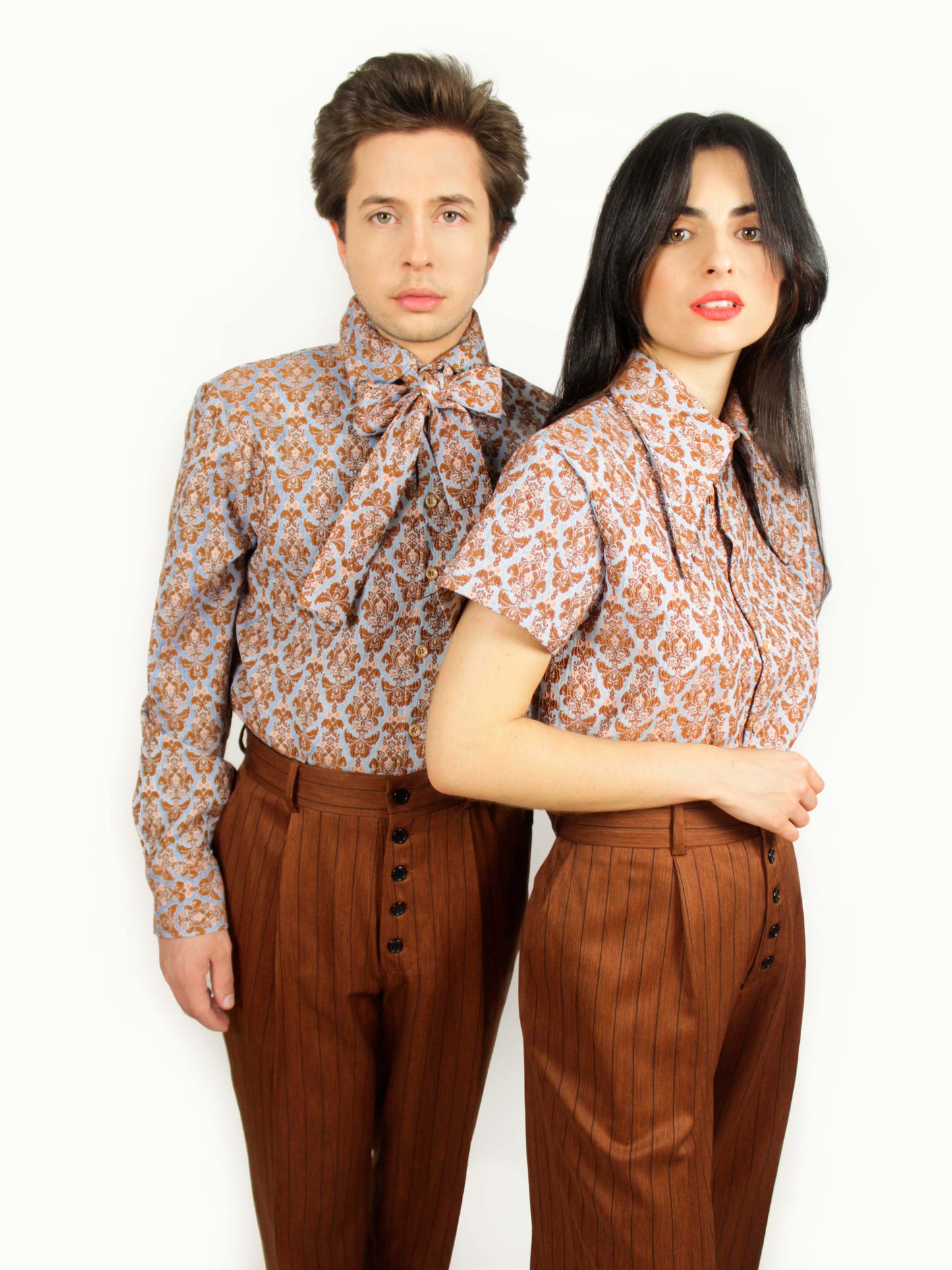 Smart Shirt Baby Blue and Caramel Brown With Three Collars Short Sleeve Unisex