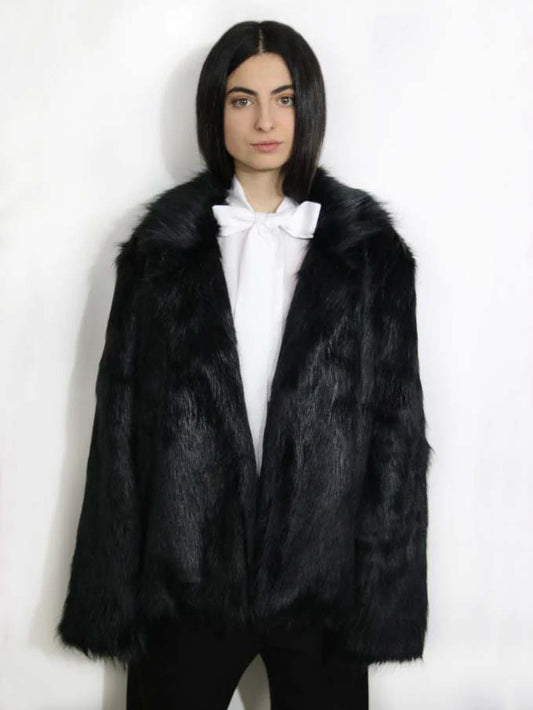 Black Unisex Fur Coat With Plastic Back